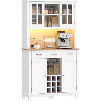 Homcom Alacena De Cocina Con Iluminación Led, Encimera Para Microondas, Botellero, Puertas De Vidrio, Estantes Abiertos, 3 Cajones, Blanco Homcom Alacena De Cocina Con Iluminación Led, Encimera Para Microondas, Botellero, Puertas De Vidrio, Estantes Abiertos, 3 Cajones, Blanco