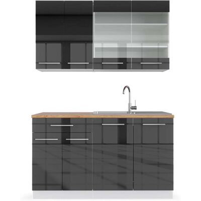 Vicco - Cocina Para Solteros Fame-line, Antracita Brillo Intenso/blanco, 140 Cm , Et Roble Vicco - Cocina Para Solteros Fame-line, Antracita Brillo Intenso/blanco, 140 Cm , Et Roble