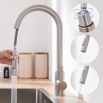 AURALUM Lonheo Grifo De Cocina Extraíble 50cm Con Aireador Desmontable, Giratorio A 360° Grifo De Fregadero De Acero Inoxidable Cepillado, Mezclador Monomando Para Agua Fria Y Caliente AURALUM Lonheo Grifo De Cocina Extraíble 50cm Con Aireador Desmontable, Giratorio A 360° Grifo De Fregadero De Acero Inoxidable Cepillado, Mezclador Monomando Para Agua Fria Y Caliente
