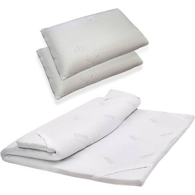 TALAMO ITALIA Dmora Set Doble Topper Y 2 Almohadas Memory Foam, 100% Made In Italy, Revestidas En Tejido Antiácaros, Hipoalergénico Y Antibacteriano, 140x190h5 Cm, Con Embalaje Reforzado TALAMO ITALIA Dmora Set Doble Topper Y 2 Almohadas Memory Foam, 100% Made In Italy, Revestidas En Tejido Antiácaros, Hipoalergénico Y Antibacteriano, 140x190h5 Cm, Con Embalaje Reforzado