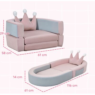 PZCC Sofá Infantil Convertible En Cama Y Zona De Juego Con Cojín De Corona 116x61x14 Cm Rosa Y Azul Grisáceo PZCC Sofá Infantil Convertible En Cama Y Zona De Juego Con Cojín De Corona 116x61x14 Cm Rosa Y Azul Grisáceo