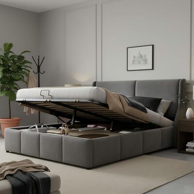 KELLANY Cama Tapizada, Forma De Oreja, Cabecera Con Cojín, Cama Doble, Cama Funcional Hidráulica, 140 X 200, Gris KELLANY Cama Tapizada, Forma De Oreja, Cabecera Con Cojín, Cama Doble, Cama Funcional Hidráulica, 140 X 200, Gris