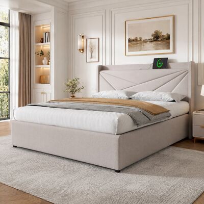 Cama Matrimonio Con Almacenaje Usb-c 180x200 Beige Okmyhome Cama Matrimonio Con Almacenaje Usb-c 180x200 Beige Okmyhome
