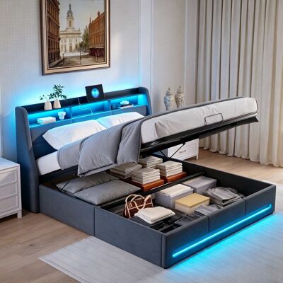 OCEVIA Cama Doble De 160x200cm – Cama Para Adultos – Sábanas Grises – Almacenamiento De Aire – Iluminación Led Doble – Almacenamiento En El Cabecero – Toma De Corriente OCEVIA Cama Doble De 160x200cm – Cama Para Adultos – Sábanas Grises – Almacenamiento De Aire – Iluminación Led Doble – Almacenamiento En El Cabecero – Toma De Corriente