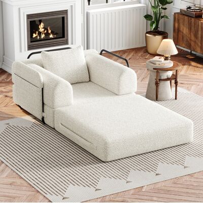 COVREO Sofá Cama Individual Beige En Chenilla Con Almacenaje En Reposabrazos Y Configuración Modular COVREO Sofá Cama Individual Beige En Chenilla Con Almacenaje En Reposabrazos Y Configuración Modular