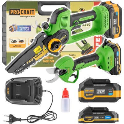 Procraft Pa168set: Juego De Herramientas De Jardín A Batería De 20 V Con Minicortadora De Cadena A Batería Pka35li + Podadora De Ramas A Batería Es25li + 2 Baterías De 2,0 / 4,0 Ah + Cargador + Maletí Procraft Pa168set: Juego De Herramientas De Jardín A Batería De 20 V Con Minicortadora De Cadena A Batería Pka35li + Podadora De Ramas A Batería Es25li + 2 Baterías De 2,0 / 4,0 Ah + Cargador + Maletí