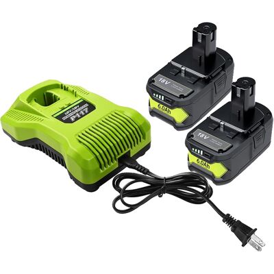 OEM Batería De Repuesto, Capacidad De 6000 Mah, De Iones De Litio, Compatible Con Ryobi, 2 Baterías, 1 Cargador OEM Batería De Repuesto, Capacidad De 6000 Mah, De Iones De Litio, Compatible Con Ryobi, 2 Baterías, 1 Cargador