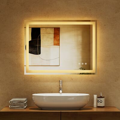 AURALUM Espejo De Baño Led, Espejos De Baño Con Luz De 60 X 45 Cm, Espejo De Baño Con Iluminación, Interruptor Táctil De 3 Colores Y Espejo Cosmético Led Regulable Sin Marco, Antivaho, Ip67 AURALUM Espejo De Baño Led, Espejos De Baño Con Luz De 60 X 45 Cm, Espejo De Baño Con Iluminación, Interruptor Táctil De 3 Colores Y Espejo Cosmético Led Regulable Sin Marco, Antivaho, Ip67