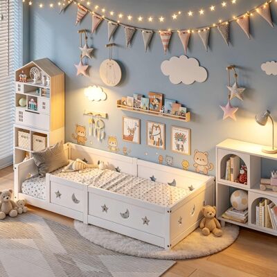 OCEVIA Cama Infantil De 120×200 Cm - Pino Macizo - Pintura Al Agua - Barandilla De Seguridad Con Diseño De Estrellas Y Lunas - Segura E Inodora OCEVIA Cama Infantil De 120×200 Cm - Pino Macizo - Pintura Al Agua - Barandilla De Seguridad Con Diseño De Estrellas Y Lunas - Segura E Inodora