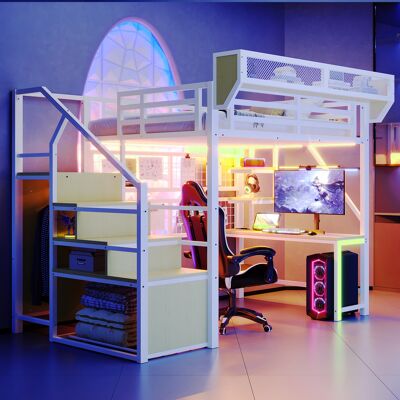 KELLANY Cama Alta Metálica De 140 × 200 Cm, Con Escritorio, Estante Y Red De Almacenamiento, Completa Con Escalera De Seguridad, Iluminación Led Y Enchufe, Barandilla Elevada, Color Blanco. KELLANY Cama Alta Metálica De 140 × 200 Cm, Con Escritorio, Estante Y Red De Almacenamiento, Completa Con Escalera De Seguridad, Iluminación Led Y Enchufe, Barandilla Elevada, Color Blanco.