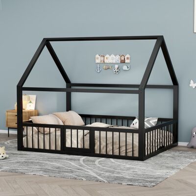 MODFU Cama Infantil Tipo Cabaña De 140x200 Cm Con Barandillas Y Puerta De Seguridad, Estructura Metálica Negra Estable Para Dormitorio. MODFU Cama Infantil Tipo Cabaña De 140x200 Cm Con Barandillas Y Puerta De Seguridad, Estructura Metálica Negra Estable Para Dormitorio.