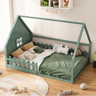 BEAOK Cama Infantil 140x200 Cm Pino Verde, Forma Casa Barandillas Seguridad Y Mdf BEAOK Cama Infantil 140x200 Cm Pino Verde, Forma Casa Barandillas Seguridad Y Mdf