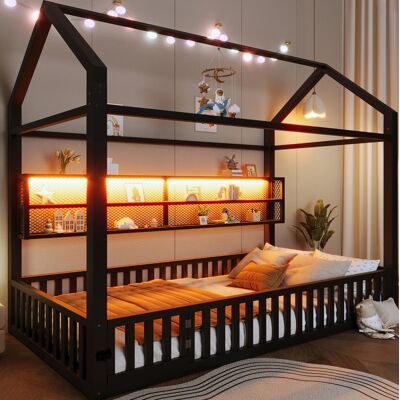 MIVRAY Cama Infantil De Metal Negra 90x200 Cm Con Diseño De Casa, Barandilla De Seguridad Y Led MIVRAY Cama Infantil De Metal Negra 90x200 Cm Con Diseño De Casa, Barandilla De Seguridad Y Led