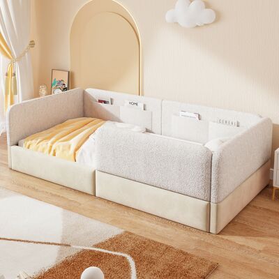 MODFU Cama Infantil De 90x200 Cm Con Barandilla De Seguridad Y 4 Bolsillos De Almacenamiento, Plataforma Acolchada, Mdf Con Revestimiento De Poliuretano Blanco. MODFU Cama Infantil De 90x200 Cm Con Barandilla De Seguridad Y 4 Bolsillos De Almacenamiento, Plataforma Acolchada, Mdf Con Revestimiento De Poliuretano Blanco.