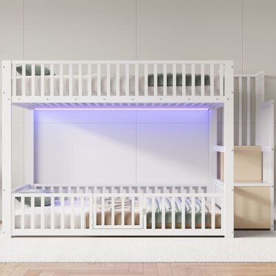 MODFU Litera Baja De 140x200 Cm Con Iluminación Led Y Escalera De Almacenamiento, Barandilla De Seguridad, Estructura Metálica Blanca. MODFU Litera Baja De 140x200 Cm Con Iluminación Led Y Escalera De Almacenamiento, Barandilla De Seguridad, Estructura Metálica Blanca.