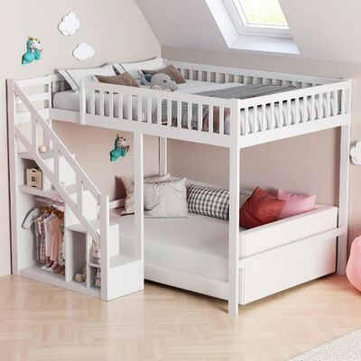 OEM Cama Loft 140x200 Cm, Escaleras De Almacenamiento, Cama Loft Para 2 Personas, Cama Loft Infantil, Alta Barandilla, Madera Maciza, Blanca OEM Cama Loft 140x200 Cm, Escaleras De Almacenamiento, Cama Loft Para 2 Personas, Cama Loft Infantil, Alta Barandilla, Madera Maciza, Blanca