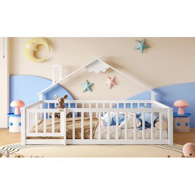 MIVRAY Cama Infantil De Pino Y Mdf Blanca 140x190 Cm, Diseño Casita Con Barandilla De Seguridad Y Cierre MIVRAY Cama Infantil De Pino Y Mdf Blanca 140x190 Cm, Diseño Casita Con Barandilla De Seguridad Y Cierre