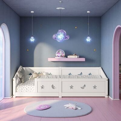 OEM Cama Baja Para Bebé Niño 140x200cm - Formato Máximo Con Barrera - Pino Macizo Blanco Con Motivos De Estrellas Y Luna - Seguridad Ue OEM Cama Baja Para Bebé Niño 140x200cm - Formato Máximo Con Barrera - Pino Macizo Blanco Con Motivos De Estrellas Y Luna - Seguridad Ue