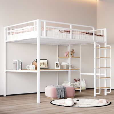 KELLANY Cama Alta Metálica De 140 X 200 Cm, Escalera De Seguridad Con Escalones, Cama Infantil Con Mesa Y Estante, Cama Juvenil/adulto, Valla De Seguridad De Malla Metálica, Blanca KELLANY Cama Alta Metálica De 140 X 200 Cm, Escalera De Seguridad Con Escalones, Cama Infantil Con Mesa Y Estante, Cama Juvenil/adulto, Valla De Seguridad De Malla Metálica, Blanca