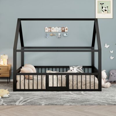 DREAMMESPACE Cama Cabaña 140 X 200 Cm - Cama Infantil De Suelo De Metal Con Barandillas De Protección, Techo En Forma De Casa Y Puerta - Negro DREAMMESPACE Cama Cabaña 140 X 200 Cm - Cama Infantil De Suelo De Metal Con Barandillas De Protección, Techo En Forma De Casa Y Puerta - Negro