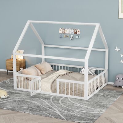 MODENVIE Cama Casita 140×200 Cm, Cama Doble Con Barandilla De Seguridad Y Puerta, Sin Colchón, De Metal, Blanco MODENVIE Cama Casita 140×200 Cm, Cama Doble Con Barandilla De Seguridad Y Puerta, Sin Colchón, De Metal, Blanco