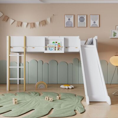 WISHDOR Cama Altillo De 90x200 Cm Con Escalera Recta De 3 Escalones, Cama Altillo Infantil Con Tobogán, Estante Desmontable, Blanco Y Natural WISHDOR Cama Altillo De 90x200 Cm Con Escalera Recta De 3 Escalones, Cama Altillo Infantil Con Tobogán, Estante Desmontable, Blanco Y Natural