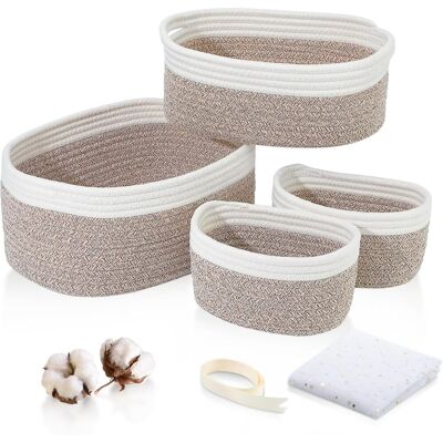 OEM Juego De 4 Cestas Apilables De Cuerda De Algodón Trenzada Con Asas, Para Cambiador O Habitación Infantil. OEM Juego De 4 Cestas Apilables De Cuerda De Algodón Trenzada Con Asas, Para Cambiador O Habitación Infantil.