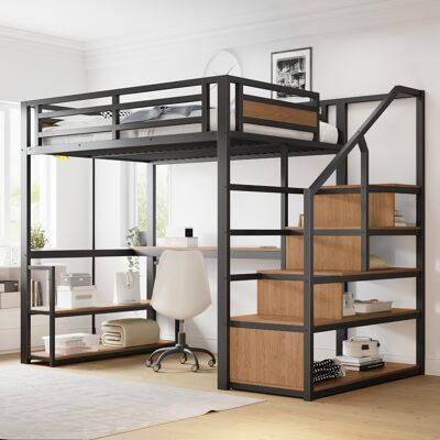 JHY DESIGN Cama Alta Metálica De 140 X 200 Mm Con Escalera De Almacenamiento, Estantes Y Mesa. Estructura De Seguridad Con Barras Metálicas Ensambladas. Estructura De Hierro De Alta Resistencia Para Una Estabili JHY DESIGN Cama Alta Metálica De 140 X 200 Mm Con Escalera De Almacenamiento, Estantes Y Mesa. Estructura De Seguridad Con Barras Metálicas Ensambladas. Estructura De Hierro De Alta Resistencia Para Una Estabili