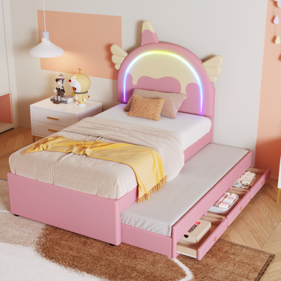 JHY DESIGN Cama Infantil De 90 X 200 Cm, Con Estampado De Unicornio, Con Cama Supletoria Extensible, De Poliuretano, Color Rosa. JHY DESIGN Cama Infantil De 90 X 200 Cm, Con Estampado De Unicornio, Con Cama Supletoria Extensible, De Poliuretano, Color Rosa.