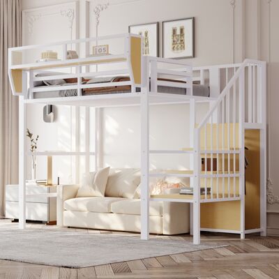 JHY DESIGN Cama Alta De 90x200 Cm Con Escalera De Seguridad Y Compartimento De Almacenamiento Modular, Cama De Metal, Cama Para Adultos, Litera Infantil, Blanca JHY DESIGN Cama Alta De 90x200 Cm Con Escalera De Seguridad Y Compartimento De Almacenamiento Modular, Cama De Metal, Cama Para Adultos, Litera Infantil, Blanca