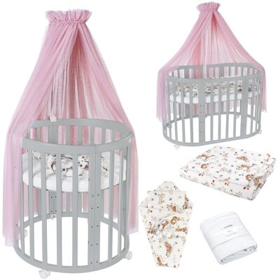 Waldin OWAL Cuna para bebé - 7 en 1 Tela Rosa Animales Madera gris Waldin OWAL Cuna para bebé - 7 en 1 Tela Rosa Animales Madera gris