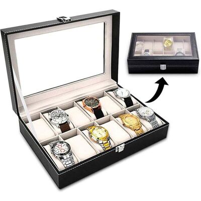 NICEONE Vtizikl Boîte À Montres, Boite De Rangement, Présentoir Montres, Coffret À Montres, 12 Grilles, Noir/beige NICEONE Vtizikl Boîte À Montres, Boite De Rangement, Présentoir Montres, Coffret À Montres, 12 Grilles, Noir/beige