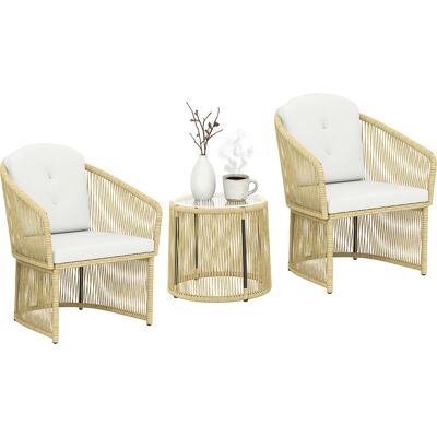 BEYAMIS Set Da Bistrot In Rattan, Set Di Mobili Da Giardino A 3 Pezzi Con Tavolo Rotondo In Vetro, Poltrone E Cuscini, Bianco Crema. BEYAMIS Set Da Bistrot In Rattan, Set Di Mobili Da Giardino A 3 Pezzi Con Tavolo Rotondo In Vetro, Poltrone E Cuscini, Bianco Crema.