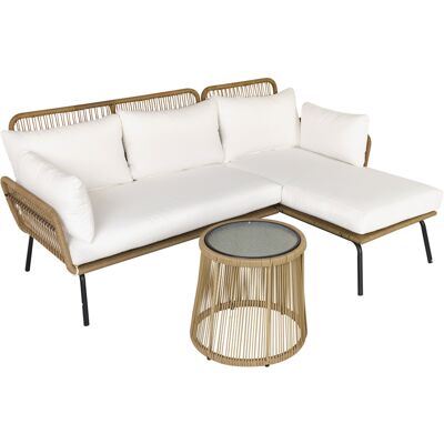 BEYAMIS Set Da Giardino In Rattan In Stile Boho Chic Con Divano Angolare E Tavolino, Color Crema E Caffè. BEYAMIS Set Da Giardino In Rattan In Stile Boho Chic Con Divano Angolare E Tavolino, Color Crema E Caffè.
