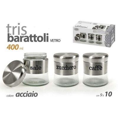 TRADE SHOP TRAESIO Trade Shop - Tris Barattoli Colore Acciaio In Vetro 9x10cm 400 Ml Sale Zucchero Caffe' 816604 - TRADE SHOP TRAESIO Trade Shop - Tris Barattoli Colore Acciaio In Vetro 9x10cm 400 Ml Sale Zucchero Caffe' 816604 -