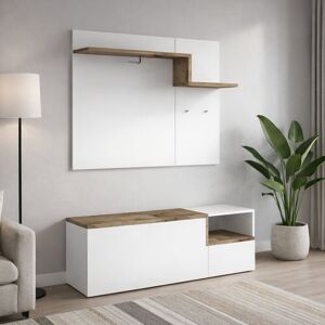 Dmora - Mueble De Entrada, Made In Italy, Entratina Con Percha, Zapatero, 120x40h54 Cm, Blanco Brillante Y Color Arce, Con Embalaje Reforzado Dmora - Mueble De Entrada, Made In Italy, Entratina Con Percha, Zapatero, 120x40h54 Cm, Blanco Brillante Y Color Arce, Con Embalaje Reforzado