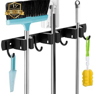 RHAFAYRE Ineasicer - Soporte Para Escobas De Pared (3 Soportes Y 4 Ganchos), Color Negro RHAFAYRE Ineasicer - Soporte Para Escobas De Pared (3 Soportes Y 4 Ganchos), Color Negro