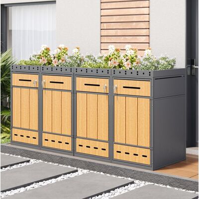BEAOK Armario Para Cubos De Basura De Jardín De Acero Gris Y Efecto Madera, 4 Compartimentos 120-240 L, Con Jardinera Superior BEAOK Armario Para Cubos De Basura De Jardín De Acero Gris Y Efecto Madera, 4 Compartimentos 120-240 L, Con Jardinera Superior