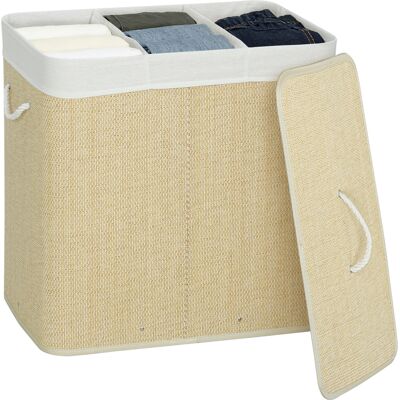 JHY DESIGN Cesto De Ropa De Tres Compartimentos Con Tapa, 144 L, De Bambú Con Asas De Cuerda. JHY DESIGN Cesto De Ropa De Tres Compartimentos Con Tapa, 144 L, De Bambú Con Asas De Cuerda.