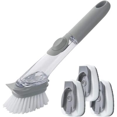 FORTUNEVILLE Cepillo De Lavado De Platos 3 En 1 Con Dispensador De Detergente, Cepillo De Esponja Con Raspador Integrado Con 3 Esponjas De Lavado De Platos, Botón De Silicona Para Un Sellado Fiable FORTUNEVILLE Cepillo De Lavado De Platos 3 En 1 Con Dispensador De Detergente, Cepillo De Esponja Con Raspador Integrado Con 3 Esponjas De Lavado De Platos, Botón De Silicona Para Un Sellado Fiable