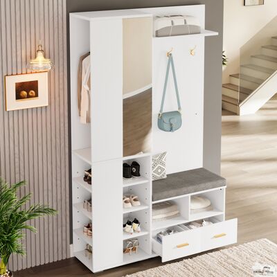 HAUSS SPOLE Perchero De Pasillo Con Espejo, Banco Para Zapatos, Barra Para Colgar Ropa, 3 Ganchos, 2 Cajones, Blanco, 120x35x190 Cm HAUSS SPOLE Perchero De Pasillo Con Espejo, Banco Para Zapatos, Barra Para Colgar Ropa, 3 Ganchos, 2 Cajones, Blanco, 120x35x190 Cm