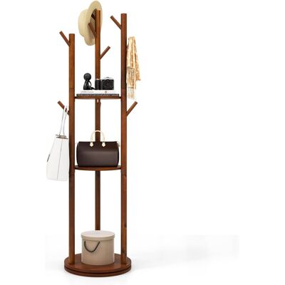 Costway - Perchero De Pie Giratorio A 360°, Perchero De Madera De 167 Cm Con 3 Estantes De Almacenamiento Y 9 Ganchos Para Sombreros Y Bolsos, Percheros Para Ropa Para Entrada, Salón, Dormitorio, Nogal Costway - Perchero De Pie Giratorio A 360°, Perchero De Madera De 167 Cm Con 3 Estantes De Almacenamiento Y 9 Ganchos Para Sombreros Y Bolsos, Percheros Para Ropa Para Entrada, Salón, Dormitorio, Nogal