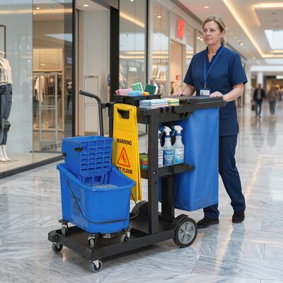 TORMATOR Carro De Limpieza, Carro De Limpieza Con Ruedas Con 3 Estantes, Bolsa De Basura De 70 Litros, Cubo Escurridor De Fregona, Azul TORMATOR Carro De Limpieza, Carro De Limpieza Con Ruedas Con 3 Estantes, Bolsa De Basura De 70 Litros, Cubo Escurridor De Fregona, Azul