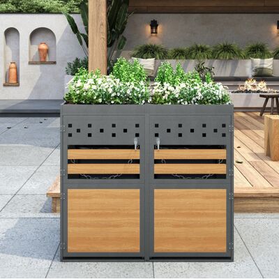 BEAOK Cubierta Para Cubos De Basura De Metal Galvanizado Gris Y Acabado Madera, Para 2 Cubos De 120-240 L, Con Techo Jardinera BEAOK Cubierta Para Cubos De Basura De Metal Galvanizado Gris Y Acabado Madera, Para 2 Cubos De 120-240 L, Con Techo Jardinera
