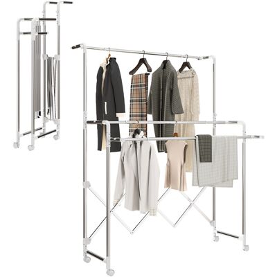 LIIYIELA Tendedero Plegable Para Ropa, Tendedero De Interior Con 3 Barras Ajustables Y 4 Ruedas, 104-150 X 103 X 145-197 Cm, Color Plata. LIIYIELA Tendedero Plegable Para Ropa, Tendedero De Interior Con 3 Barras Ajustables Y 4 Ruedas, 104-150 X 103 X 145-197 Cm, Color Plata.