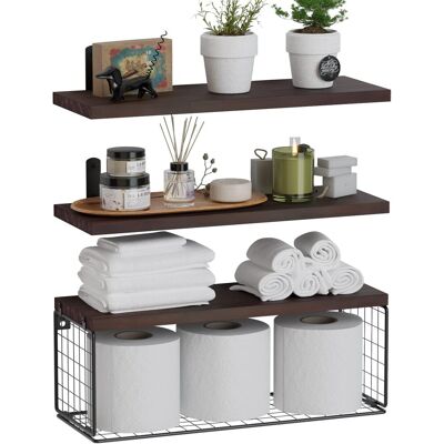 Estante De Pared, Estante De Pared De Madera De Tres Capas, Marrón Oscuro, Con Papelera - Rapanda Estante De Pared, Estante De Pared De Madera De Tres Capas, Marrón Oscuro, Con Papelera - Rapanda