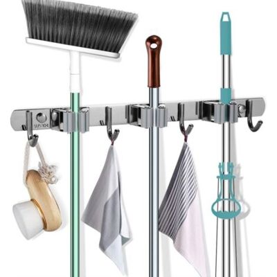 FOCTRO Soporte Para Escobas Y Mopas Con 3 Espacios Y 4 Ganchos Para Baño, Cocina Y Oficina (gris) FOCTRO Soporte Para Escobas Y Mopas Con 3 Espacios Y 4 Ganchos Para Baño, Cocina Y Oficina (gris)