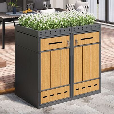 STILVORA Armario Para Cubos De Basura Doble Con Jardinera, Acero, Efecto Madera, Gris, Con Cerradura, 120–240 L STILVORA Armario Para Cubos De Basura Doble Con Jardinera, Acero, Efecto Madera, Gris, Con Cerradura, 120–240 L
