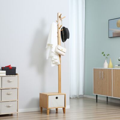 TORMATOR Perchero De Pie De Bambú Perchero Con Banco Tipo De Árbol Cajón De Tela Y 8 Ganchos Para Colgar Ropa 35x35x177cm Natural TORMATOR Perchero De Pie De Bambú Perchero Con Banco Tipo De Árbol Cajón De Tela Y 8 Ganchos Para Colgar Ropa 35x35x177cm Natural