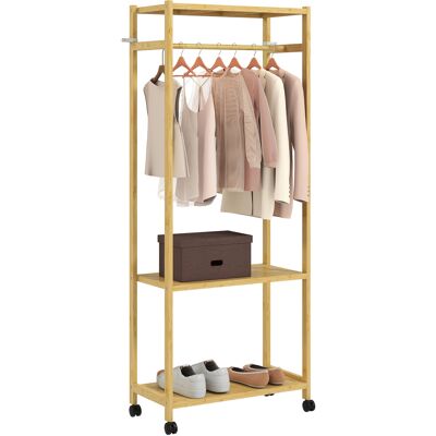 LIIYIELA Perchero Con Ruedas, Perchero De Bambú Con 2 Estantes Y Barra Para Colgar Ropa, 70x35x175cm, Madera Natural. LIIYIELA Perchero Con Ruedas, Perchero De Bambú Con 2 Estantes Y Barra Para Colgar Ropa, 70x35x175cm, Madera Natural.